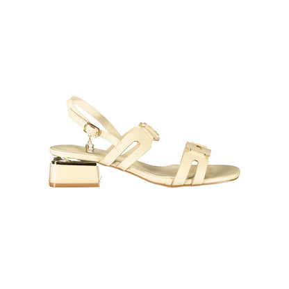 Low-Heel Ankle Strap Sandals by Laura Biagiotti for women in polyethylene beige features an architectural silhouette, showcasing the architectural Women's Polyethylene Low-Heel Ankle Strap Sandals with a 3-cm-heel low-heel and .