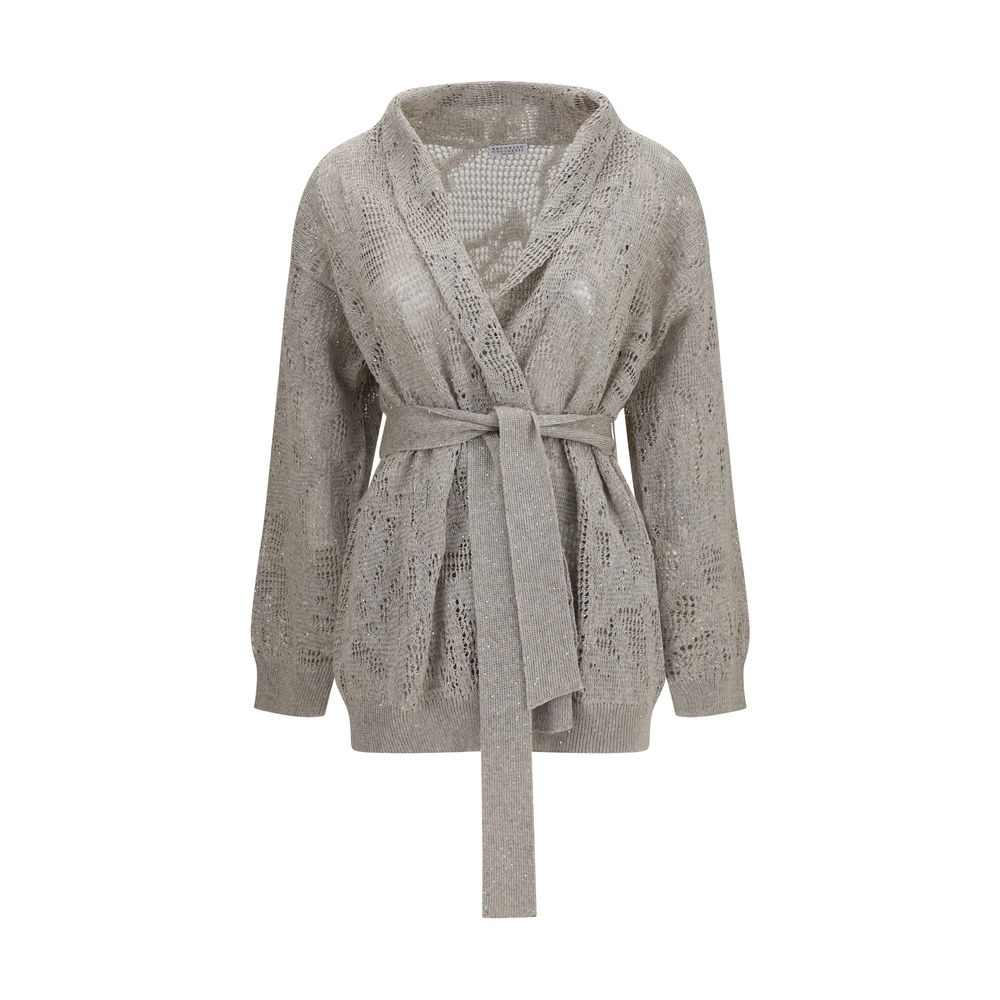 Cardigan by Brunello Cucinelli for women in cotton linen & sequins beige showcases a captivating silhouette, artfully detailed with a captivating long-sleeve and shawl-collar neckline for a truly sophisticated captivating look.