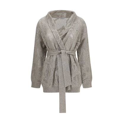 Cardigan by Brunello Cucinelli for women in cotton linen & sequins beige showcases a captivating silhouette, artfully detailed with a captivating long-sleeve and shawl-collar neckline for a truly sophisticated captivating look.