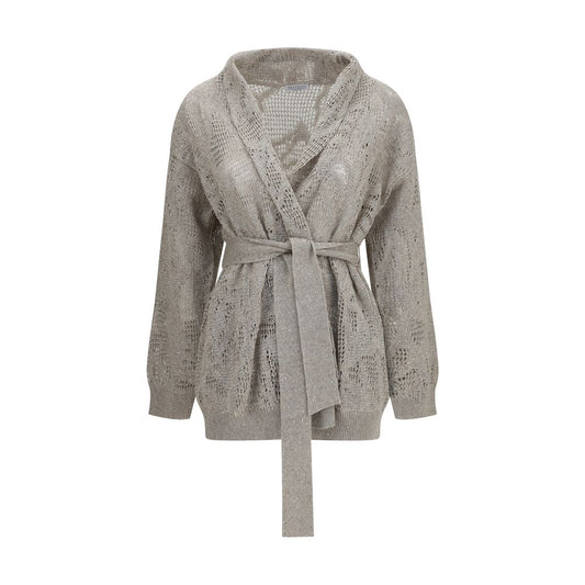 Cardigan by Brunello Cucinelli for women in cotton linen & sequins beige showcases a captivating silhouette, artfully detailed with a captivating long-sleeve and shawl-collar neckline for a truly sophisticated captivating look.
