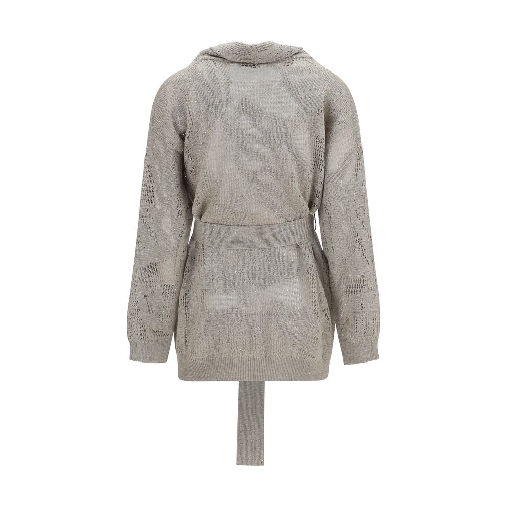 Cardigan by Brunello Cucinelli for women in cotton linen & sequins beige showcases a luxurious silhouette, meticulously detailed with a sophisticated shawl-collar neckline and for a refined finish.