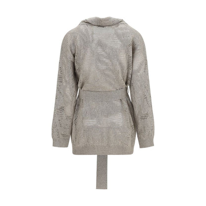 Cardigan by Brunello Cucinelli for women in cotton linen & sequins beige showcases a luxurious silhouette, meticulously detailed with a sophisticated shawl-collar neckline and for a refined finish.