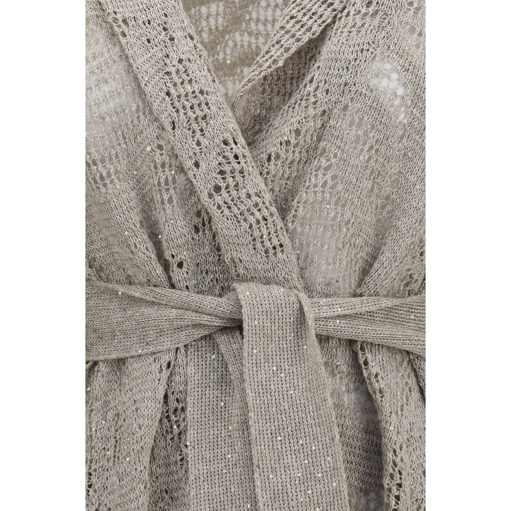 Cardigan by Brunello Cucinelli for women in cotton linen & sequins beige features a nuanced silhouette with a refined and nuanced detailing for a sophisticated look.