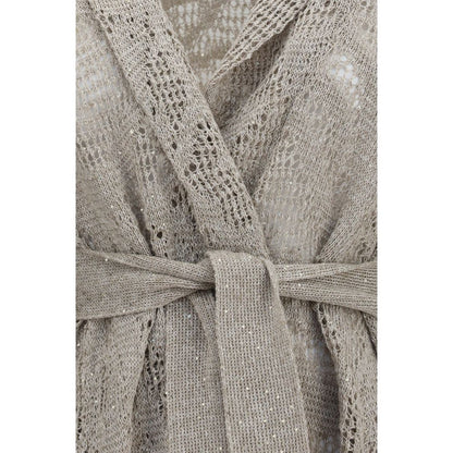 Cardigan by Brunello Cucinelli for women in cotton linen & sequins beige features a nuanced silhouette with a refined and nuanced detailing for a sophisticated look.