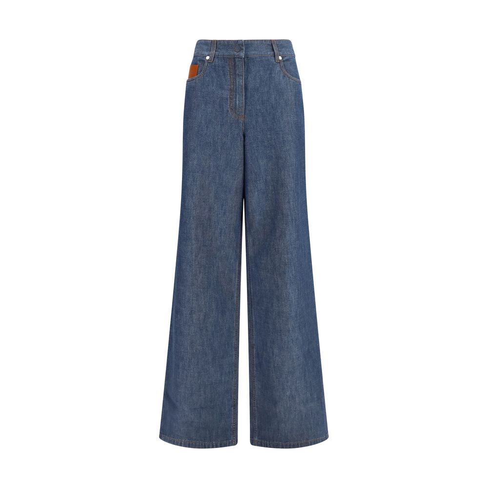 Jeans by Fendi for women in denim cotton & palladium navy, palladium & tan presents a refined pantology silhouette, artfully defined by a refined pantology wide & oversized, long, and a sophisticated .