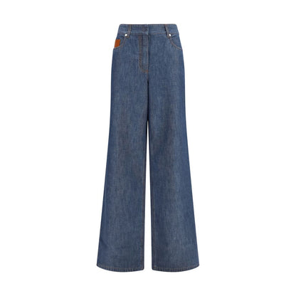 Jeans by Fendi for women in denim cotton & palladium navy, palladium & tan presents a refined pantology silhouette, artfully defined by a refined pantology wide & oversized, long, and a sophisticated .