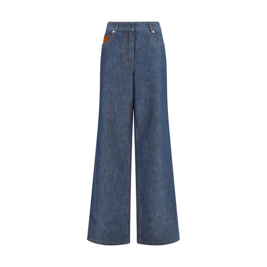 Jeans by Fendi for women in denim cotton & palladium navy, palladium & tan presents a refined pantology silhouette, artfully defined by a refined pantology wide & oversized, long, and a sophisticated .