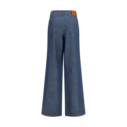 Jeans by Fendi for women in denim cotton & palladium navy, palladium & tan presents a tailored silhouette, showcasing a tailored wide & oversized and long cut with a refined for a truly tailored aesthetic.