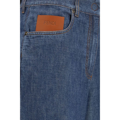 Jeans by Fendi for women in denim cotton & palladium navy, palladium & tan features an refined tailoring silhouette, showcasing a premium wide & oversized with a and long cut for a refined tailoring look.