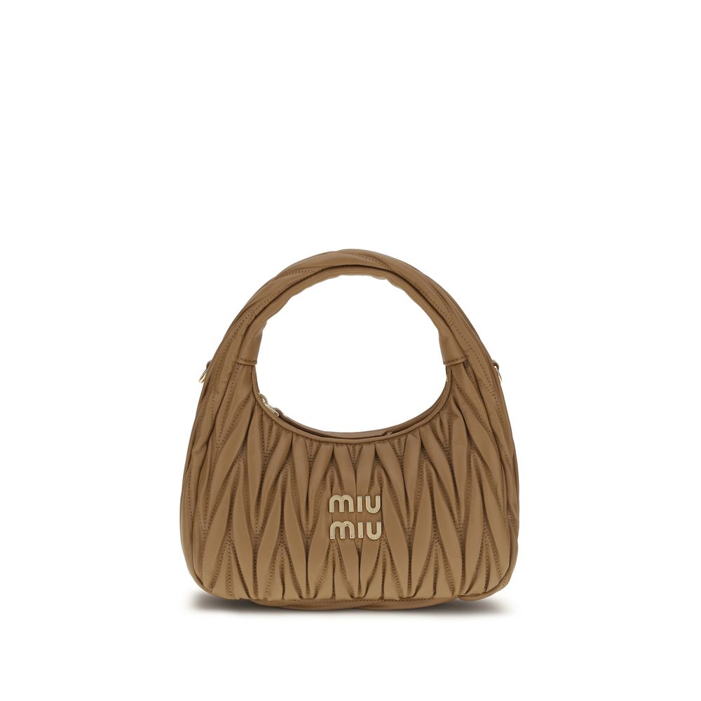Quilted Hobo Shoulder Bag by Miu Miu for women in lamb leather beige, patterned, monogram & print features a distinguished silhouette, showcasing a secure zipper and distinguished single-compartment with versatile shoulder-strap for a distinguished finish.