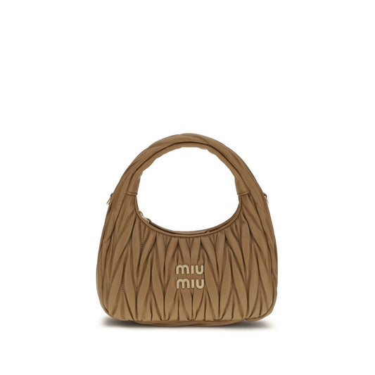 Quilted Hobo Shoulder Bag by Miu Miu for women in lamb leather beige, patterned, monogram & print features a distinguished silhouette, showcasing a secure zipper and distinguished single-compartment with versatile shoulder-strap for a distinguished finish.