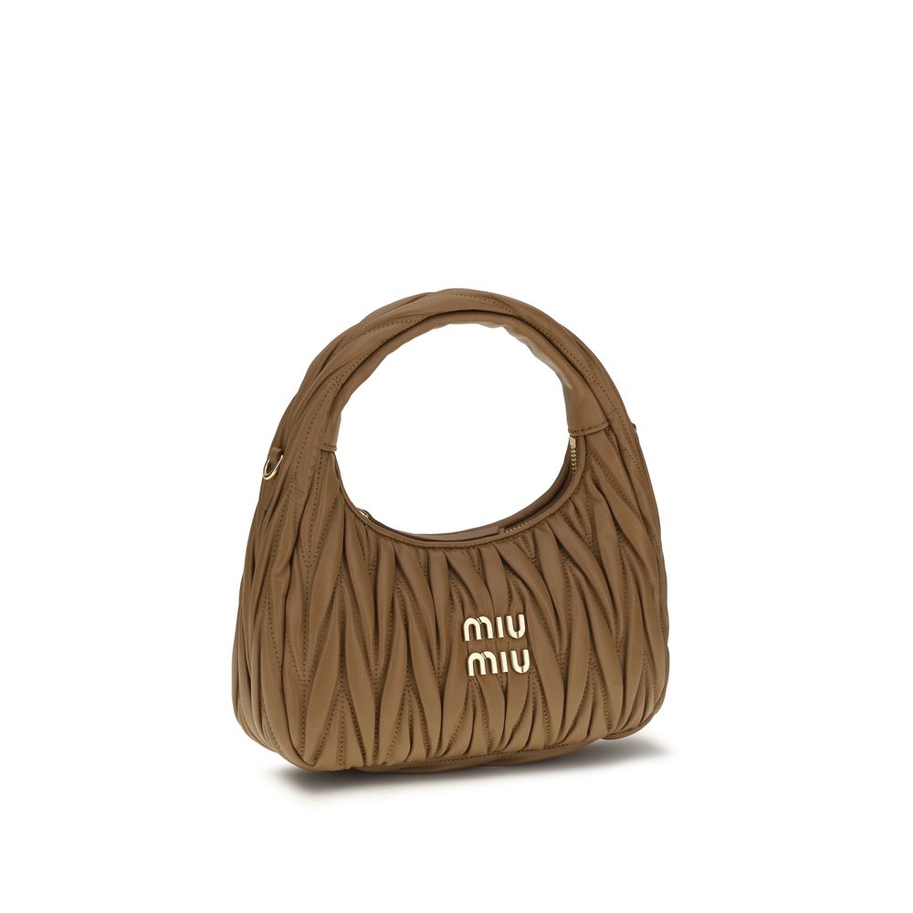 Quilted Hobo Shoulder Bag by Miu Miu for women in lamb leather beige, patterned, monogram & print features a effortless sophistication silhouette, secured by a zipper with ample single-compartment and versatile shoulder-strap for a effortless sophistication finish.