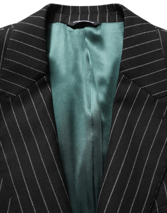 Blazer by Dolce & Gabbana for men in polyester silk & wool black & striped showcases a discerning silhouette, elegantly detailed with a sophisticated wrap single-breasted lapel neckline and premium for a truly discerning finish.