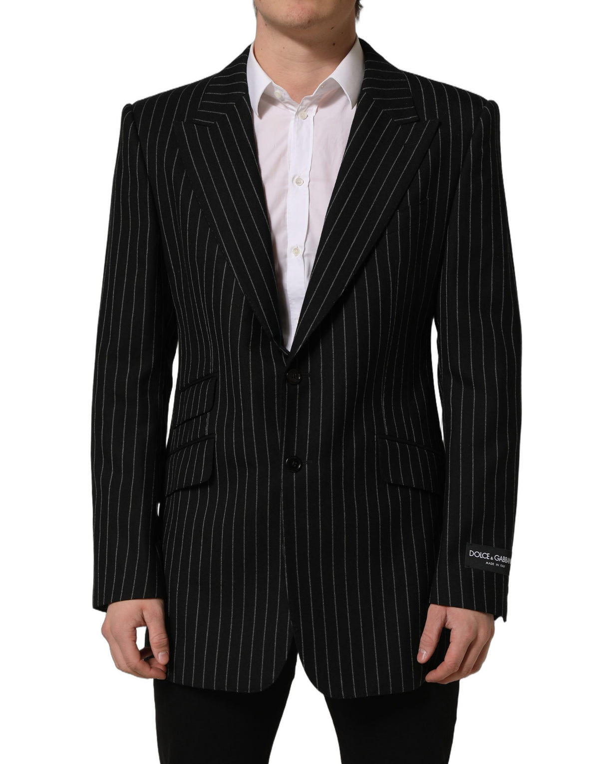 Dolce & Gabbana Men's Single Breasted Polyester Silk & Wool Blazer - Black Striped