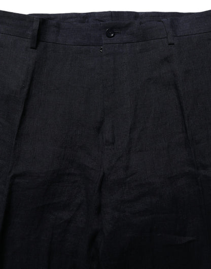Dolce & Gabbana Black Linen Straight Leg Dress Trouser Pants