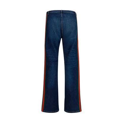 Jeans by Gucci for men in stretch denim cotton blue & striped presents a tailored silhouette, showcasing a tailored flared & regular-fit and long cut with a refined low rise for a truly tailored aesthetic.