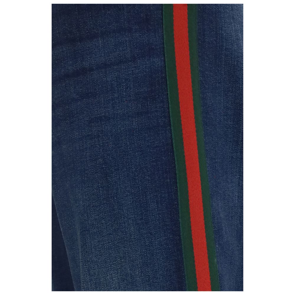 Jeans by Gucci for men in stretch denim cotton blue & striped features an refined tailoring silhouette, showcasing a premium flared & regular-fit with a low rise and long cut for a refined tailoring look.