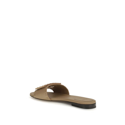 Flat Sandals by Fendi for women in bos taurus calfskin leather beige & print presents a sculptural silhouette, showcasing the Women's Bos Taurus Calfskin Leather Flat Sandals design with a sculptural flat and round toe style for a premium look.