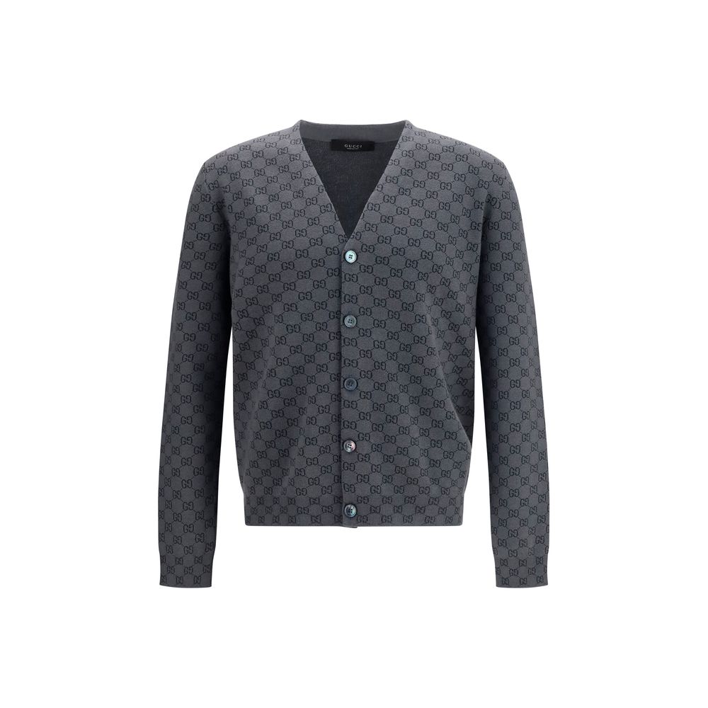 Cardigan by Gucci for men in wool & silk gray & print presents a textural silhouette, artfully finished with a textural and for a sophisticated, textural look.