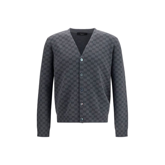 Cardigan by Gucci for men in wool & silk gray & print presents a textural silhouette, artfully finished with a textural and for a sophisticated, textural look.