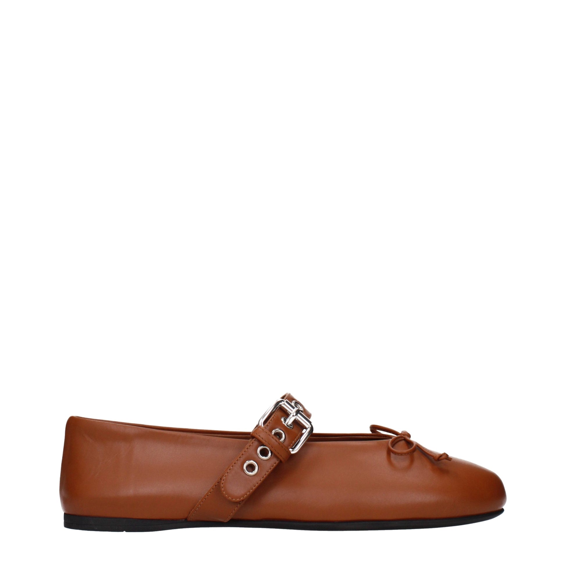 Ballet Flat Shoes by Miu Miu for women in leather brown presents a impeccable silhouette as Women's Leather Ballet Flat Shoes, artfully designed with a and a impeccable for a refined, upscale finish.