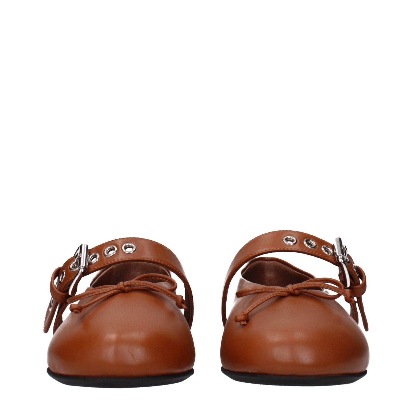 Ballet Flat Shoes by Miu Miu for women in leather brown presents a effortless chic silhouette, showcasing the Women's Leather Ballet Flat Shoes design with a effortless chic and for a sophisticated look.