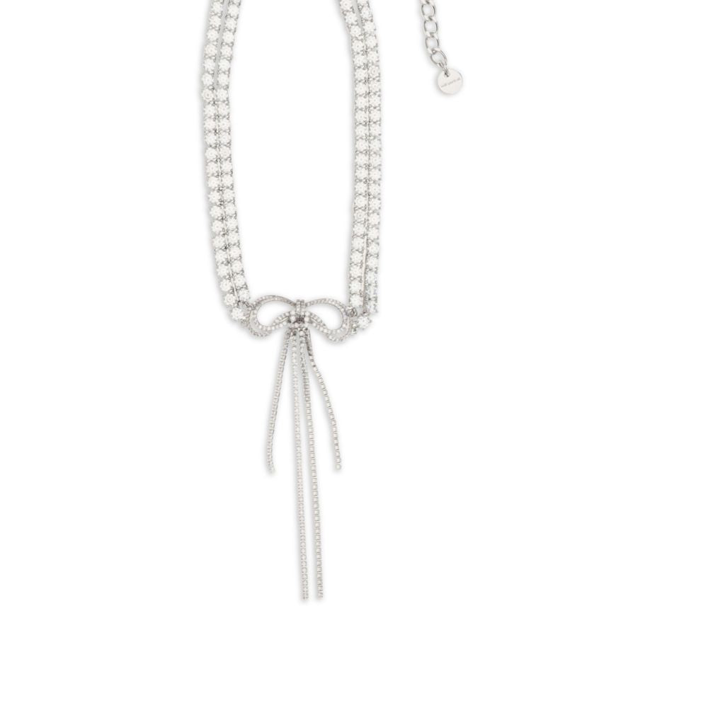 Necklace by Self-Portrait for women in modacrylic & cotton denim and silver showcases a radiant silhouette, artfully capturing the elegance of Women's Silver Brass & Crystal Necklace through its intricate choker necklace design.