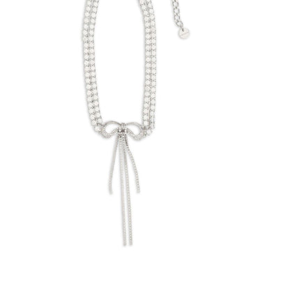 Necklace by Self-Portrait for women in modacrylic & cotton denim and silver showcases a radiant silhouette, artfully capturing the elegance of Women's Silver Brass & Crystal Necklace through its intricate choker necklace design.