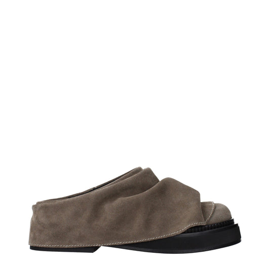 Clogs Slippers by The Attico for women in suede leather gray presents a sumptuous silhouette, perfectly capturing the sumptuous essence of Women's Suede Leather Clogs Slippers with its signature and .