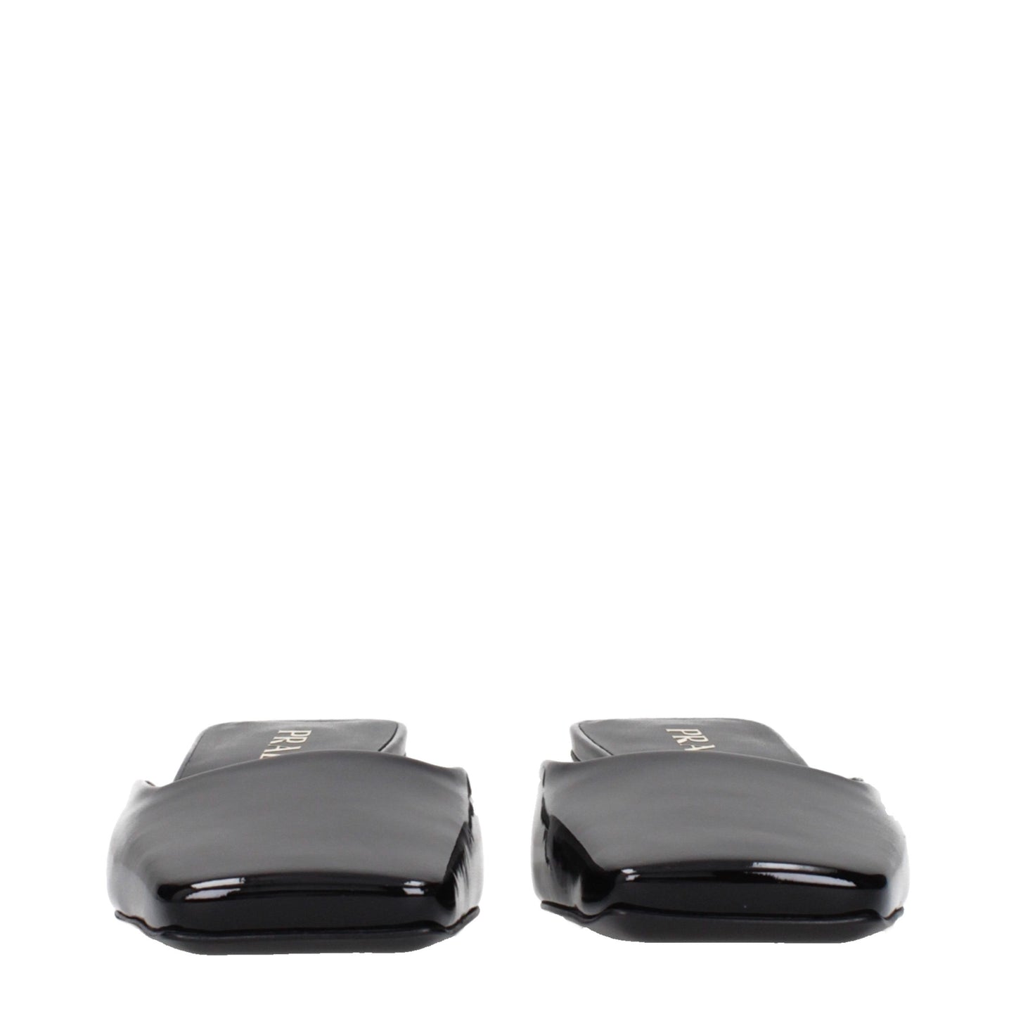 Flat Sandals by Prada for women in patent leather black features an exquisite silhouette, showcasing the exquisite Women's Patent Leather Flat Sandals with a flat and .