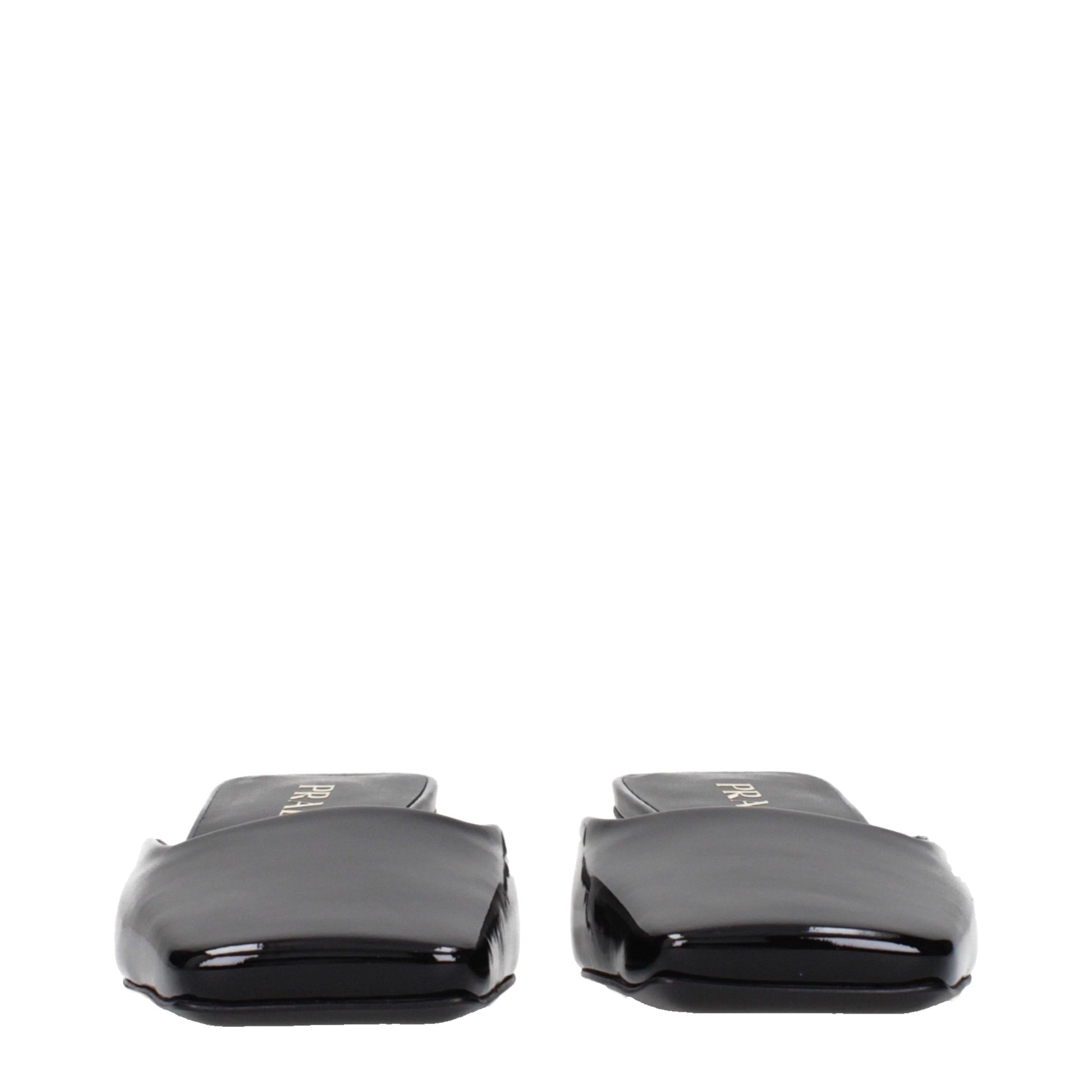 Flat Sandals by Prada for women in patent leather black features an exquisite silhouette, showcasing the exquisite Women's Patent Leather Flat Sandals with a flat and .