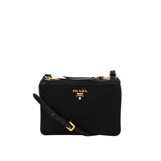 Crossbody Handbag by Prada for women in nylon black & gold features an versatile silhouette, showcasing a secure zipper and versatile with versatile crossbody-strap, shoulder-strap & detachable-strap for a versatile finish.