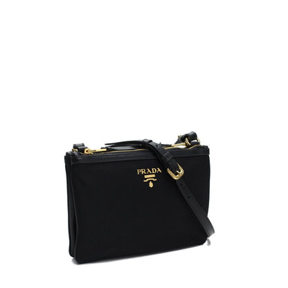 Crossbody Handbag by Prada for women in nylon black & gold features a versatile chic silhouette, meticulously detailed with a secure zipper, ample , and versatile crossbody-strap, shoulder-strap & detachable-strap.