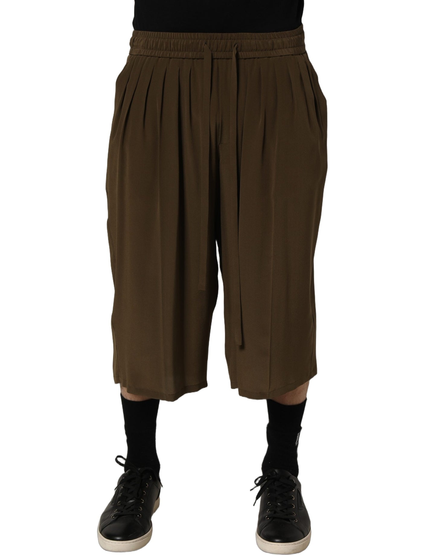 Dolce & Gabbana Brown Silk Mid Waist Pleated Bermuda Shorts