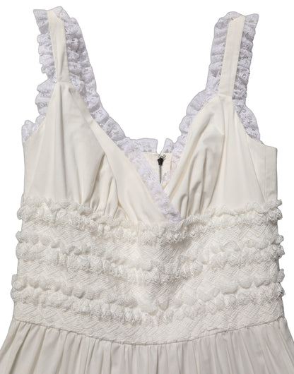 Dolce & Gabbana White Cotton Poplin Ruffled Midi Dress