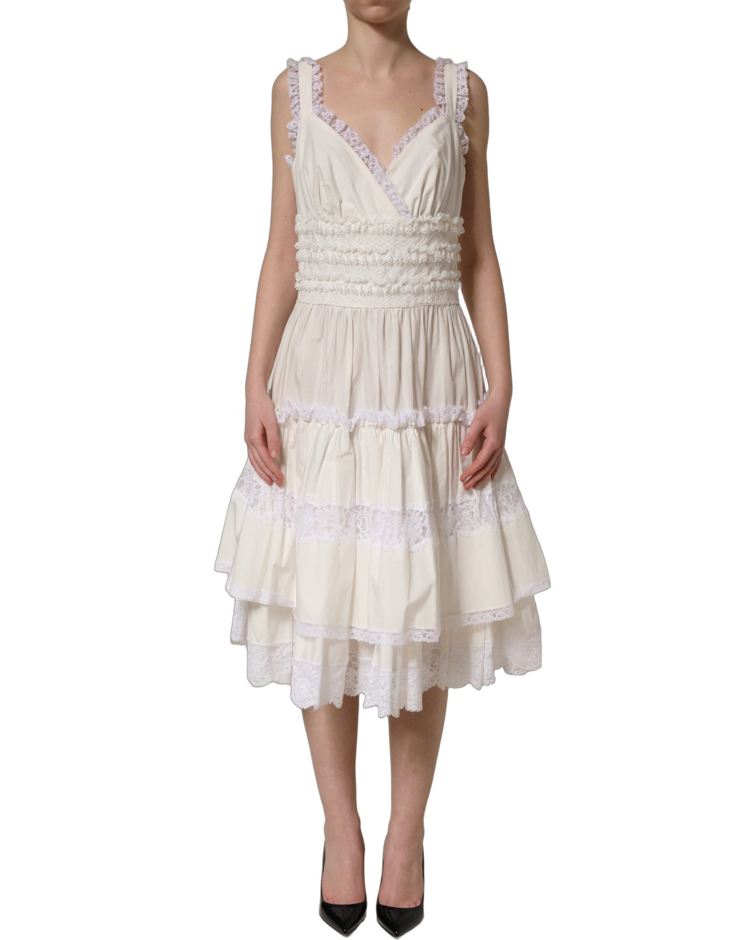 Dolce & Gabbana White Cotton Poplin Ruffled Midi Dress