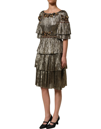 Dolce & Gabbana Metallic Gold Embellished Tiered Midi Dress