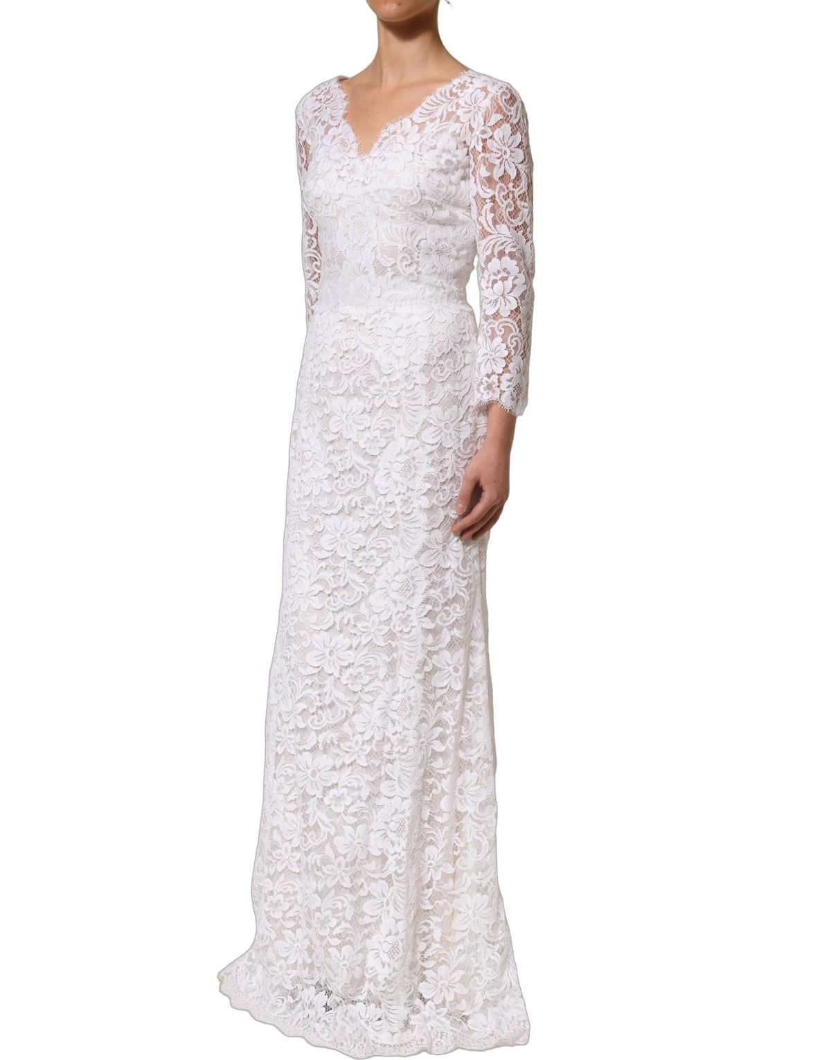 Dolce & Gabbana Women's Gown Wrap Long-Sleeve V Neck Cotton Silk Viscose & Lace Mini Long Dress - White Floral