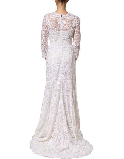 Dolce & Gabbana White Cotton Floral Lace Long Gown Dress