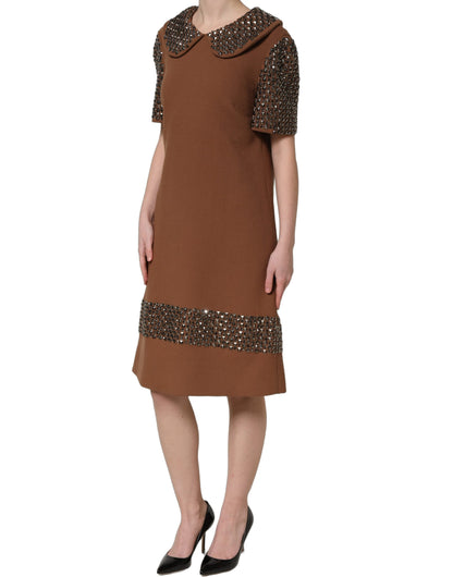 Dolce & Gabbana Women's Shift Wrap Cocktail Silk Virgin Wool Crepe & Rhinestone Midi Mini Dress - Brown