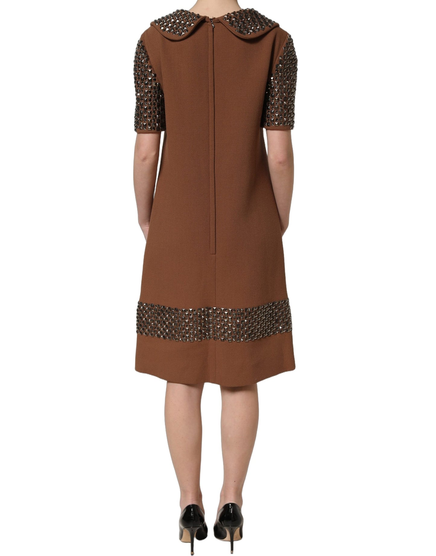 Dolce & Gabbana Brown Wool Rhinestone Embellished Midi Dress
