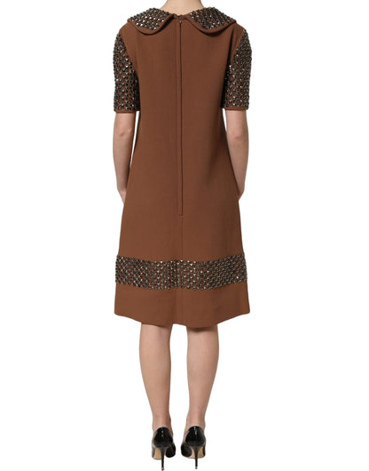 Dolce & Gabbana Women's Shift Wrap Cocktail Silk Virgin Wool Crepe & Rhinestone Midi Mini Dress - Brown