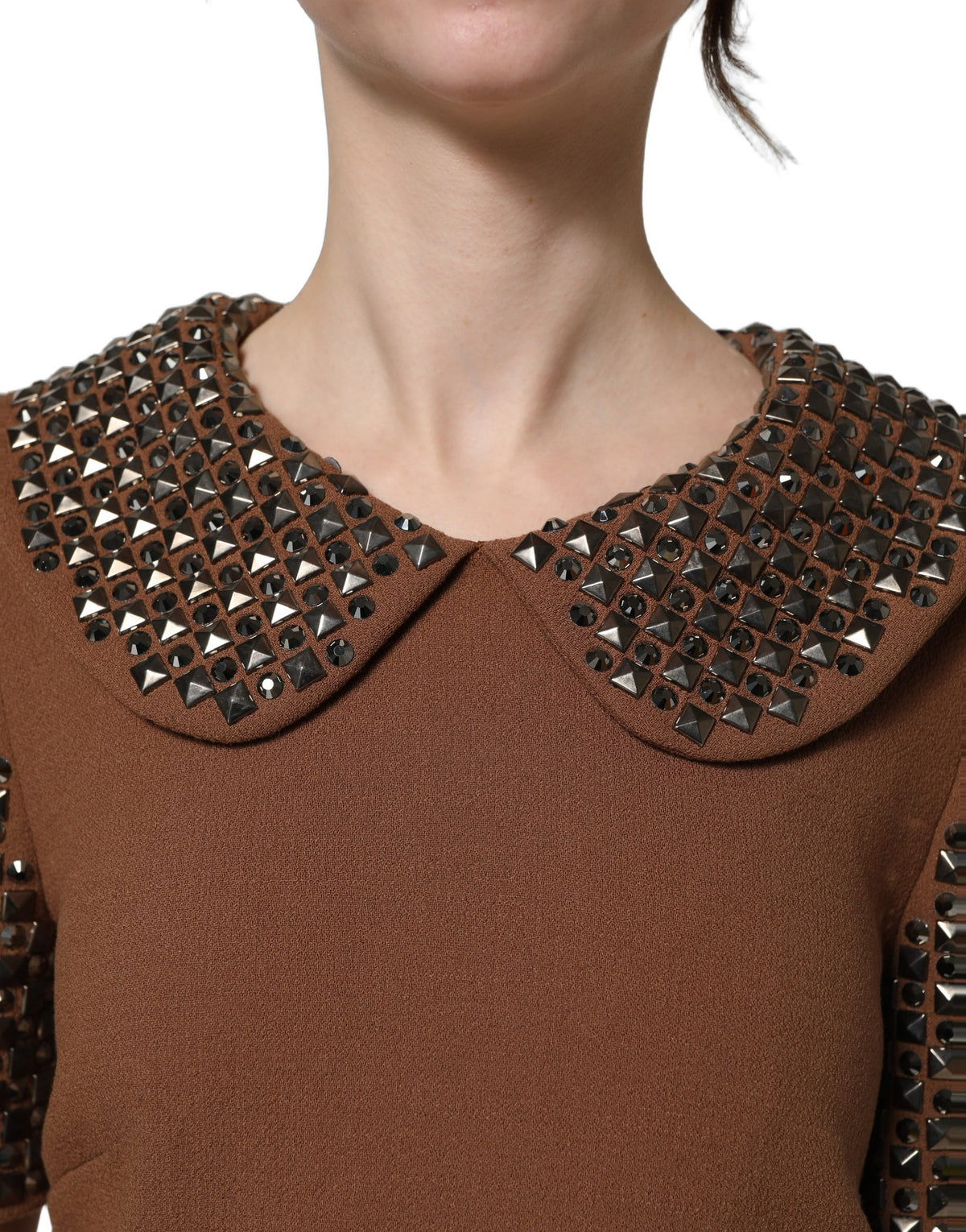 Dolce & Gabbana Women's Shift Wrap Cocktail Silk Virgin Wool Crepe & Rhinestone Midi Mini Dress - Brown