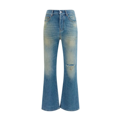 Jeans by Amiri for men in denim cotton blue presents a tailored silhouette, showcasing a tailored flared & regular-fit and long cut with a refined for a truly tailored aesthetic.