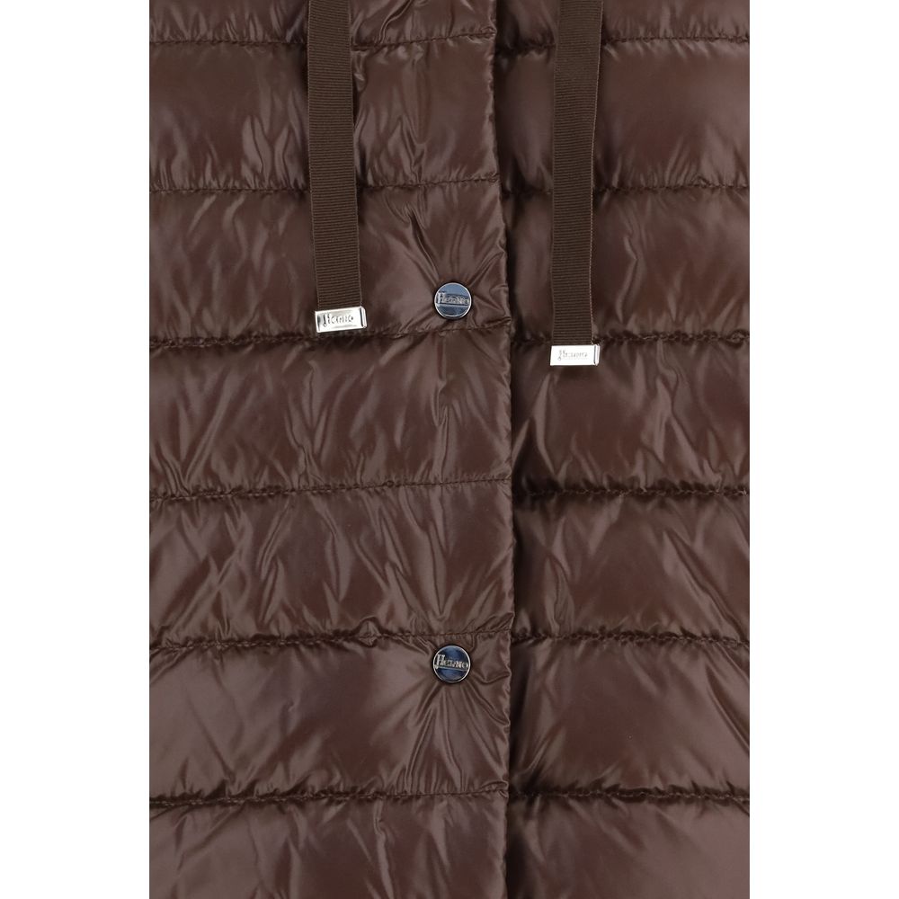 Hooded Puffer Jacket by Herno for women in wool polyester & goose-down brown features a dramatic silhouette, showcasing a sophisticated and distinctive pockets, hooded & insulated for a dramatic aesthetic.