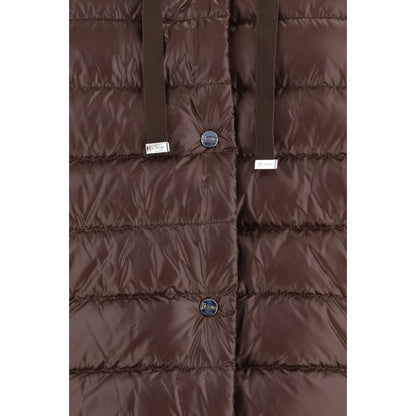 Hooded Puffer Jacket by Herno for women in wool polyester & goose-down brown features a dramatic silhouette, showcasing a sophisticated and distinctive pockets, hooded & insulated for a dramatic aesthetic.