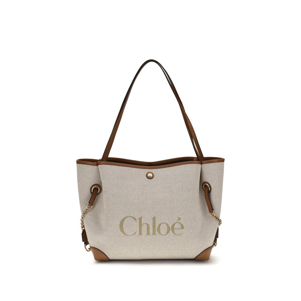Bucket Tote Shoulder Bag by Chloé for women in cotton canvas & calf leather beige, gold & signature presents a versatile silhouette, showcasing a secure and versatile with versatile for a sophisticated look.
