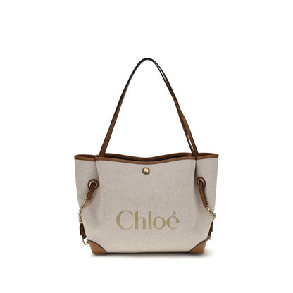 Bucket Tote Shoulder Bag by Chloé for women in cotton canvas & calf leather beige, gold & signature presents a versatile silhouette, showcasing a secure and versatile with versatile for a sophisticated look.