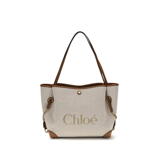 Bucket Tote Shoulder Bag by Chloé for women in cotton canvas & calf leather beige, gold & signature presents a versatile silhouette, showcasing a secure and versatile with versatile for a sophisticated look.