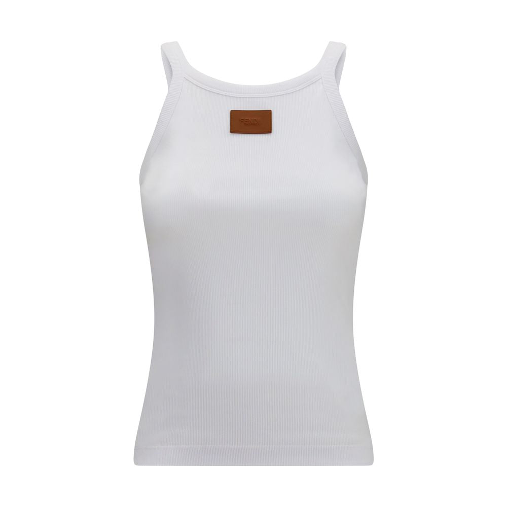 Tank Top by Fendi for women in leather & cotton white showcases a sumptuous silhouette, artfully detailed with a sumptuous wide-neck neckline and sleeveless for a truly sumptuous finish.